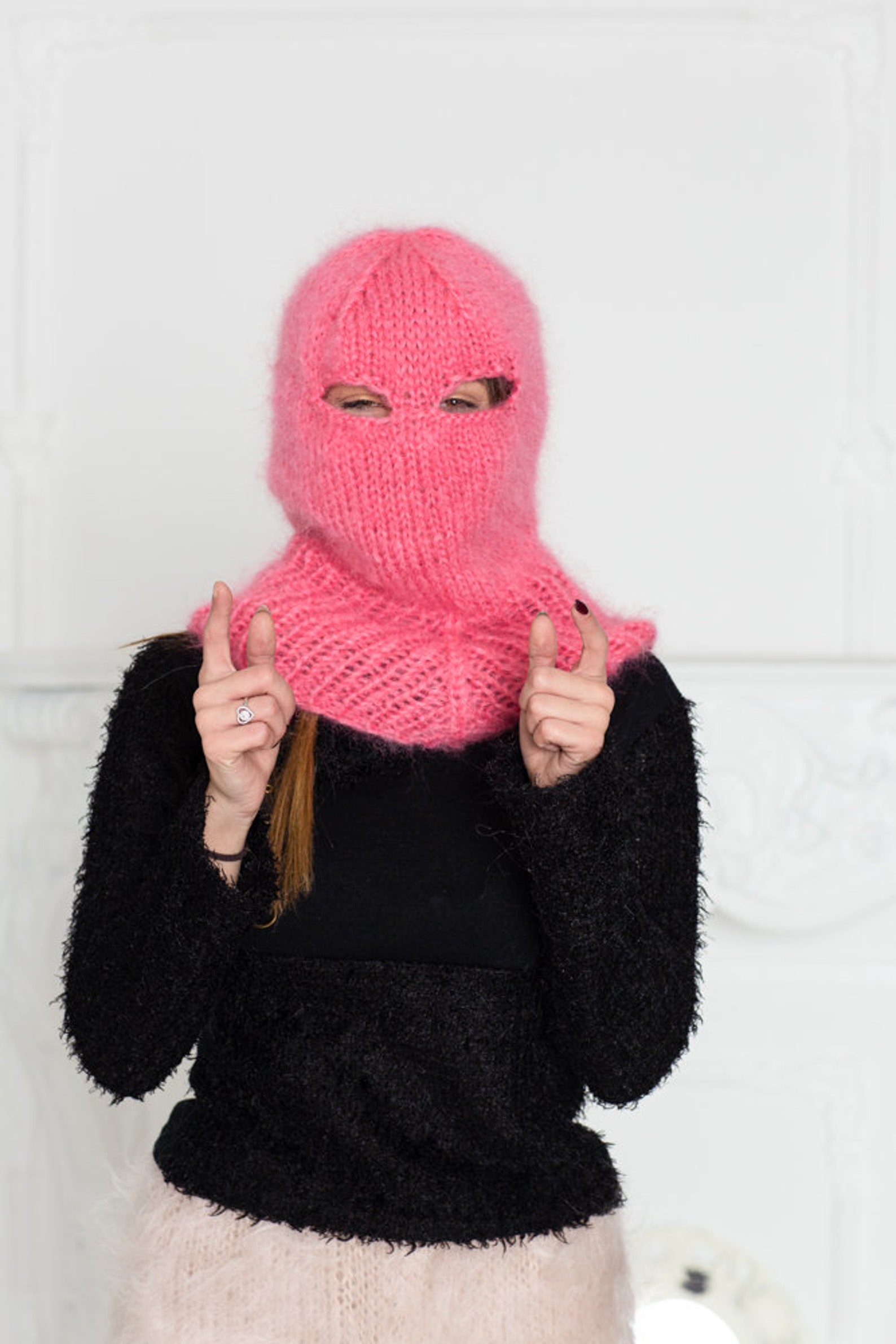 Pink Mohair Balaclava Knit Hat Fluffy Mohair Beanie Slouchy Etsy