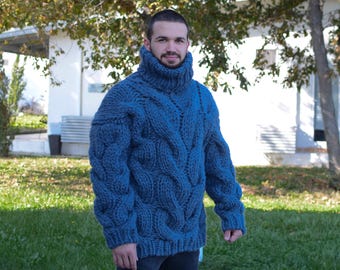 Blue Pure Wool Sweater – Mega Thick Hand-Knitted Cable Knit Turtleneck Pullover T660M