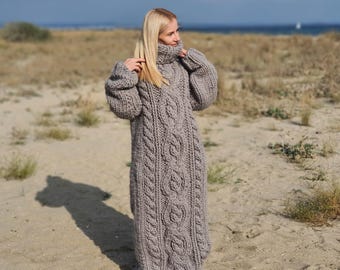 5 Strands Gray Wool Sweater Dress, Hand Knitted Chunky Turtleneck Maxi Dress T911
