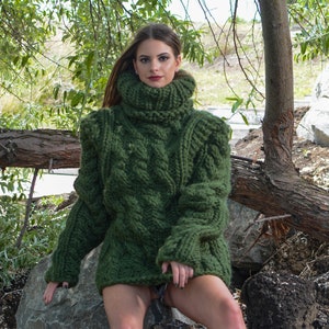 5 Strands Thick Green Wool Sweater,Massive Knit Woolen Pullover, Cables Sweater T790W