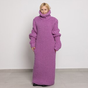 English Ribbed Pink wool Dress,Hand Knit Sweater Dress, Turtleneck Maxi Dress TT1520 image 5