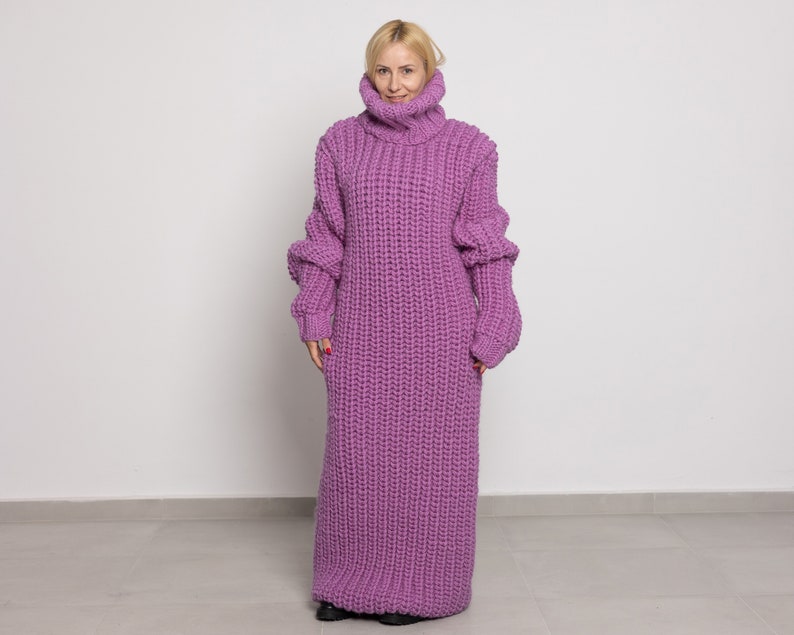 English Ribbed Pink wool Dress,Hand Knit Sweater Dress, Turtleneck Maxi Dress TT1520 image 5