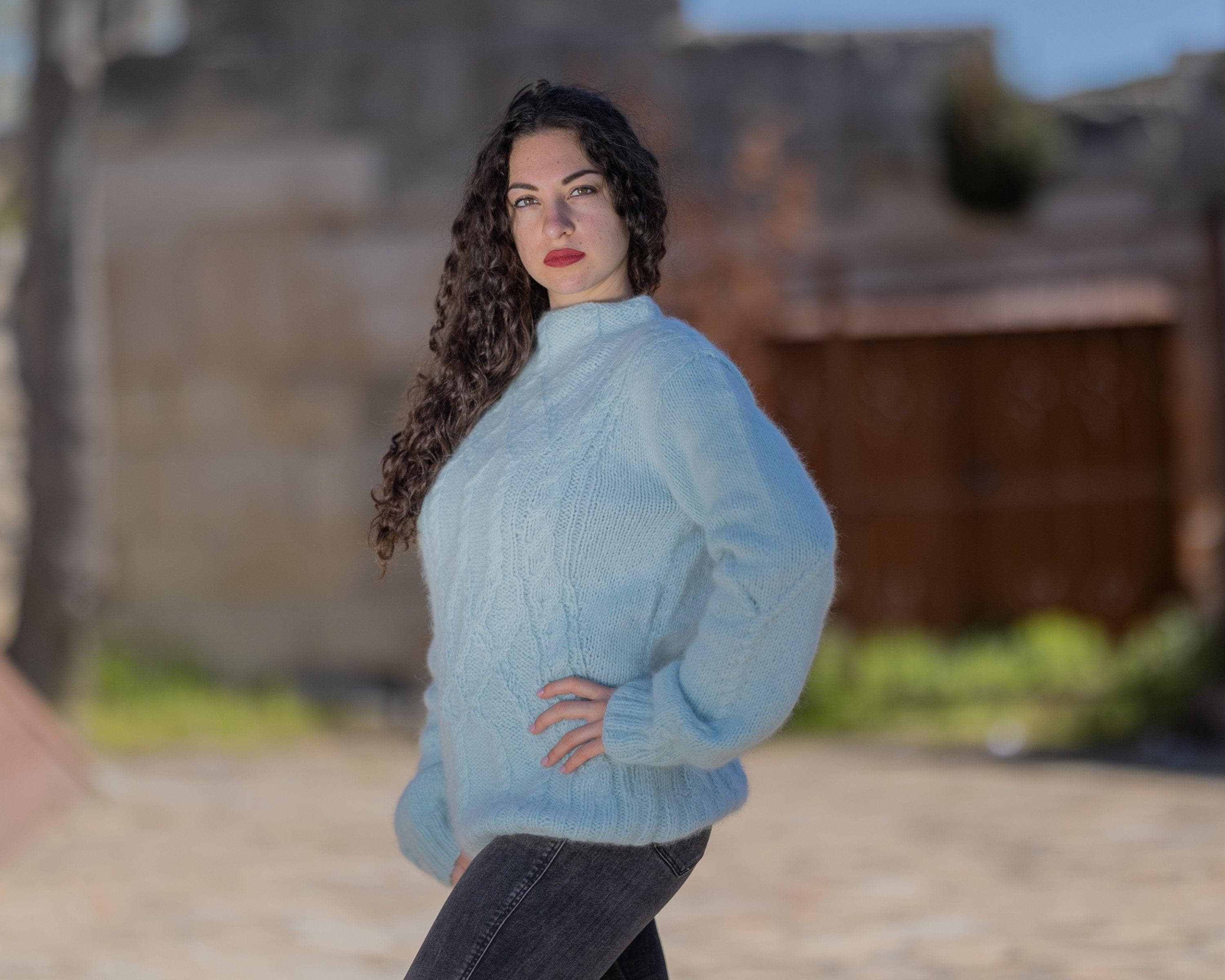 Baby Blue Angora Sweater, Hand Knitted 100% Rabbit Fluffy Pullover