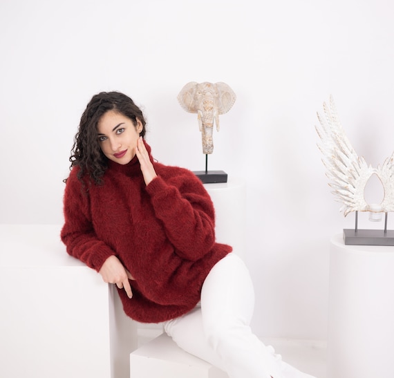 Alpaka Pullover Damen Weinroter Strickpullover Victoria Beckham