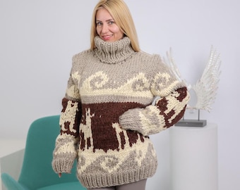 Disponibile nella taglia 6XL, maglione vintage in lana con motivo alpaca - stile peruviano T1914