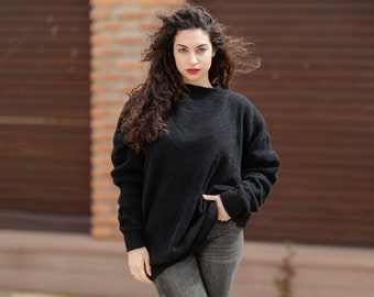 Black Alpaca superfine and merino wool mix  sweater, Fluffy and Fuzzy handknitted jumper made in high quality extra soft yarn  T1384