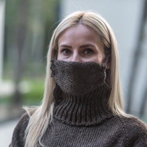 Knitted Brown wool mask  ,  face mask made in 100 % wool T885