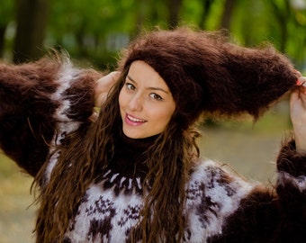 Brown Mohair Hat, Knit Hat, Fluffy Mohair Beanie, Slouchy Hat, Mohair Balaclava, Fluffy Winter Hat, Fetish Balaclava, Oversized Hat T177