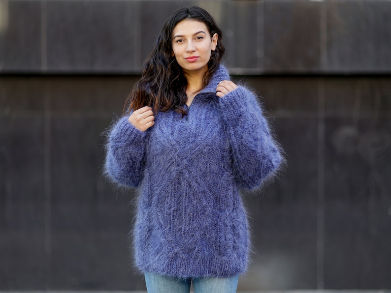 Fluffy Blue Mohair Sweater, Chunky Mock neck sweater with a zipper , Cable Knit Pullover, Hand Knit men sweater, knit women sweater T1060 image 9