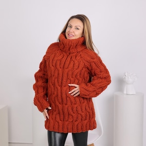 Suéter de lana de punto grueso con trenzas, jersey de cuello alto 100% lana tejido a mano, T1786