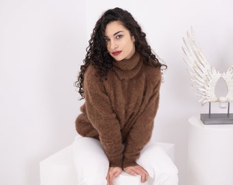 Suéter de alpaca marrón, tejido a mano en mezcla de lana, suave, cálido y acogedor para el invierno T1571