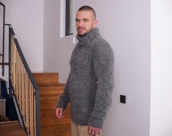 Hairy Alpaca Wool Sweater – Hand-Knitted Soft Gray Turtleneck Winter Jumper for Women T868M
