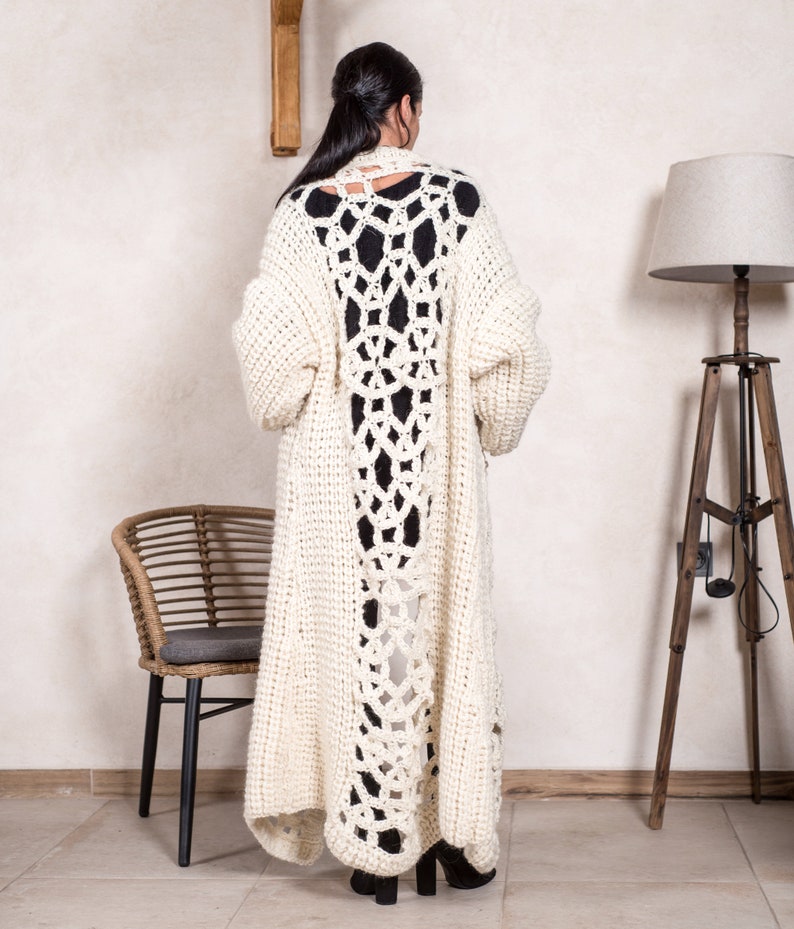 Crochet and English rib 100 % wool cardigan , Maxi woolen coat , Hand knitted cardigan , Wedding cardigan T 806 image 4