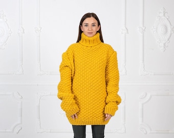 Wollpullover Gelb Moos Muster Knit, Handgestrickte 100% Wolle Pullover T960
