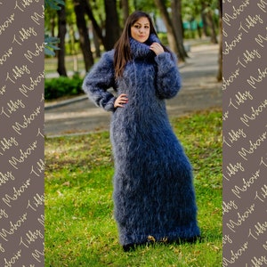 Gray Mohair Dress, Turtleneck Maxi Dress, Hand Knit Sweater Dress, T neck Hoody Dress, Chunky Mohair Dress, Fetish Dress, Winter Dress T174