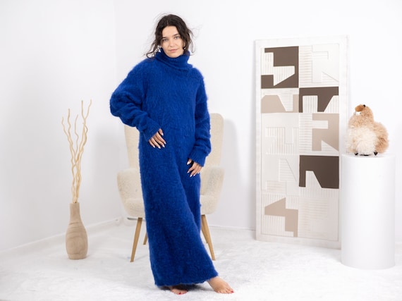 Blue Alpaca Sweater Dress, Hand Knitted Fluffy Turtleneck Loose Maxi Dress  T1677 - Etsy