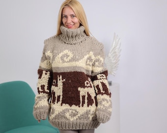 Maglione vintage in lana con motivo alpaca – Pullover in stile peruviano a 3 fili lavorato a mano T1914