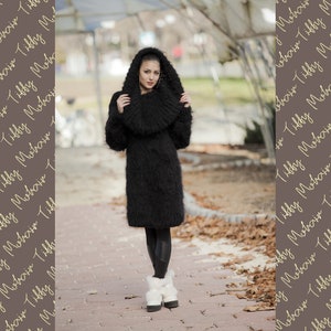 Black Mohair Dress, Cowl Neck Sweater, Knit Dress, Fluffy Pullover, Fluffy Mohair dress, Winter Dress, Oversized Dress, Fetish Dress T12