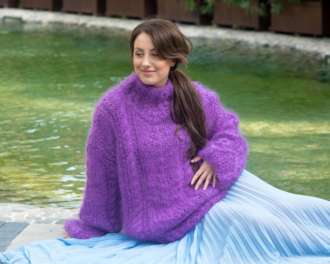 Purple Mohair Sweater – Hand-knitted Light Chunky Bright Bohemian Pullover  T841