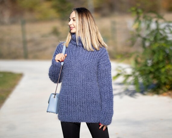 Denim Mohair Sweater – Hand-Knitted Women’s Pullover T1297