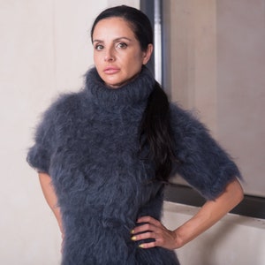 Short Mohair Sweater, Short Sleeve Sweater, Hand Knitted Sweater, Fluffy Sweater, Cropped Sweater, Mohair Fetish, Chunky Knit Sweater T876