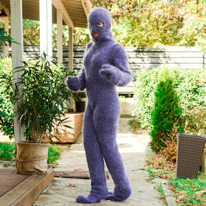 Handgestrickter grauer Mohair Catsuit mit einer Balaclava, Handschuhen und Socken T679
