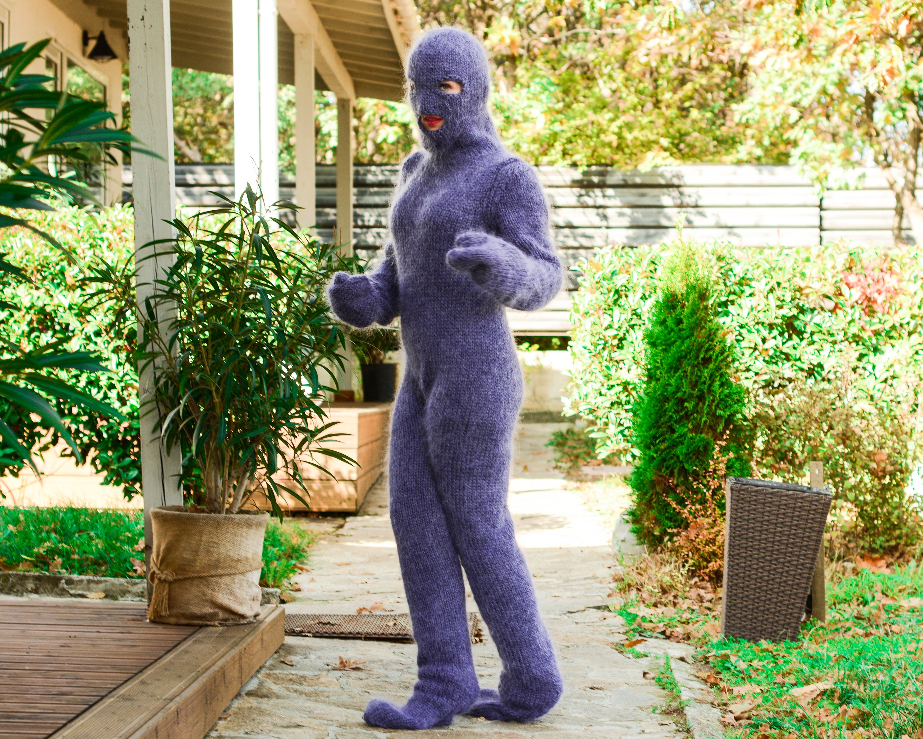 Hand Knitted Gray Mohair Catsuit With a Balaclava, Mittens