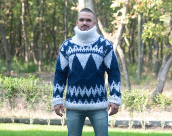 Blue Mohair Sweater with Icelandic pattern and cables  T836M