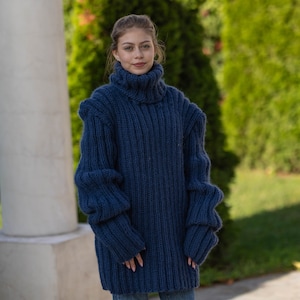 Chunky Pullover, Ribbed Blue Wool Sweater, Hand Knit Woolen Pull T1290