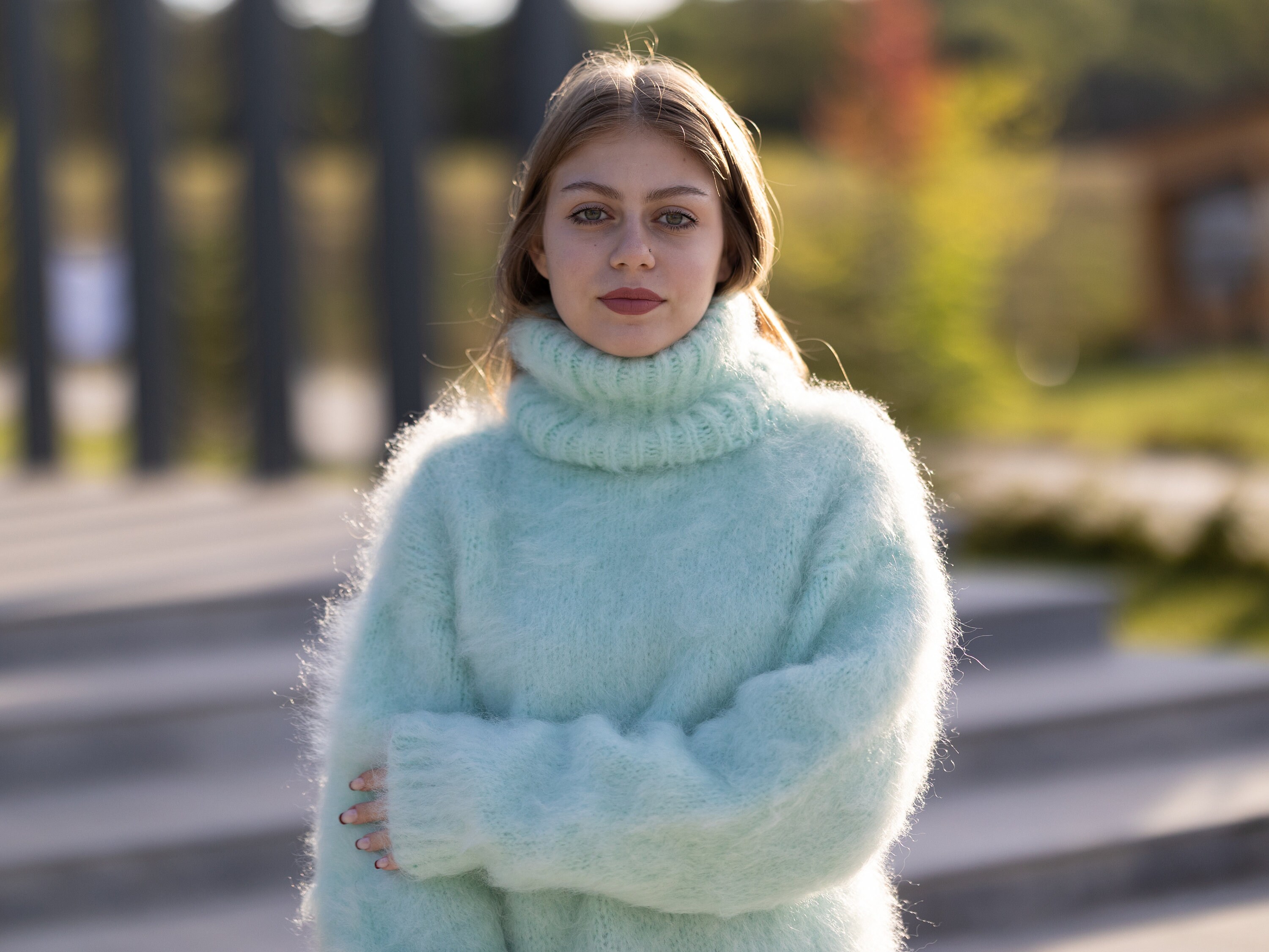 Mint Green Italian Kid Mohair Sweater, Hand Knitted 4 Strand