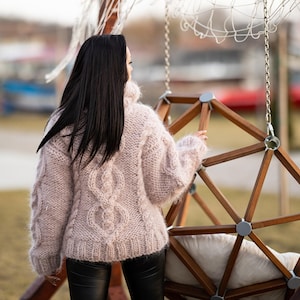 5-Strand Beige Mohair Sweater – Hand-Knitted Cabled Chunky Oversized Pullover T1176 image 4