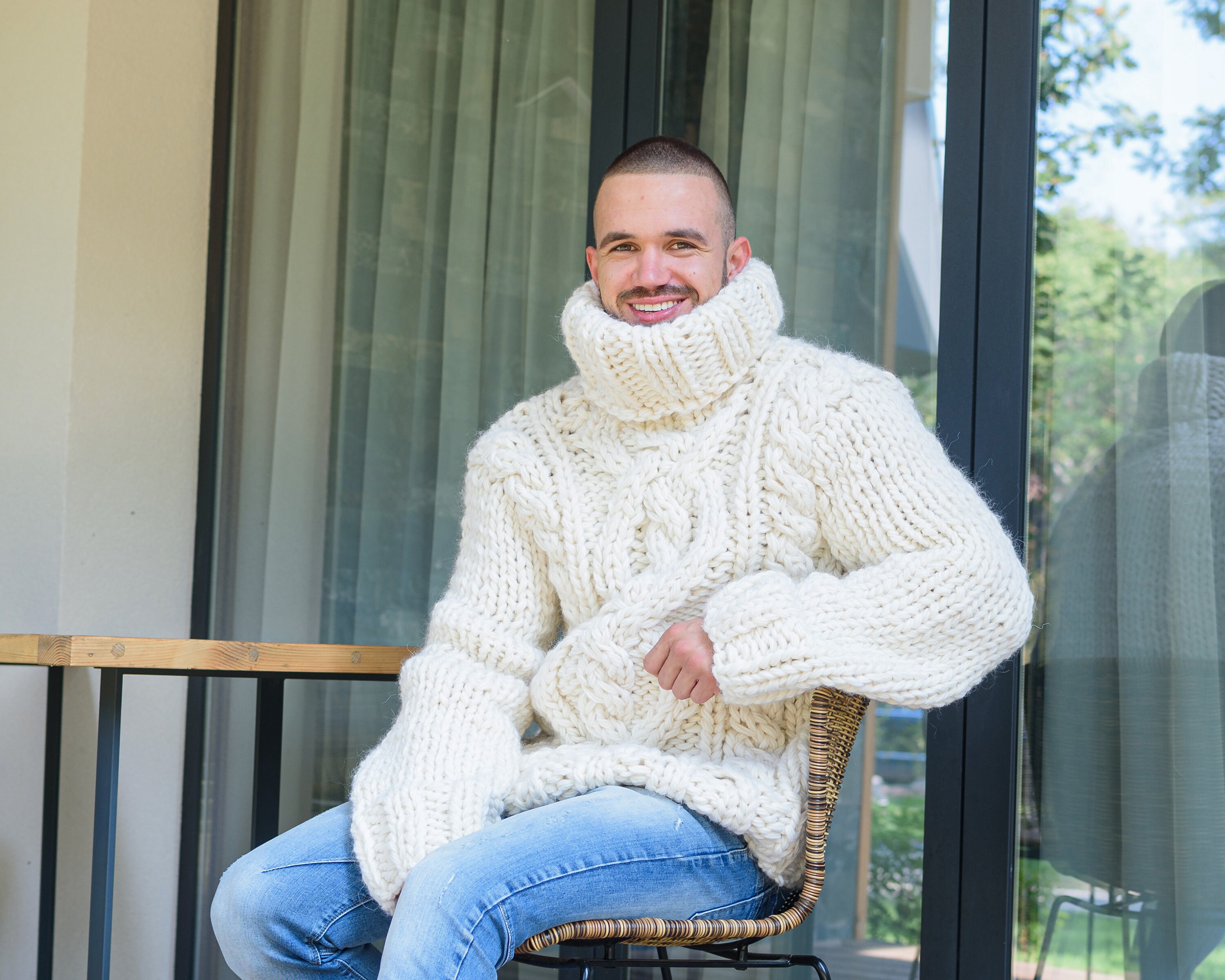 完璧 Hand Sweater, Knit Cable Warm Wool Knit Chunky Sweater, ニット+セーター