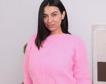 Rosa Alpaka-Mischpullover, flauschiger, gebürsteter, handgestrickter, weicher, dehnbarer Pullover T1829