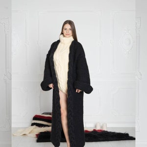 Black 100%  Wool Cardigan, Long Cradigan, Oversized Cardigan, Knit Jacket, Wool Coat, Hand Knit Cardigan, Maxi Coat, Chunky Cardigan T637W