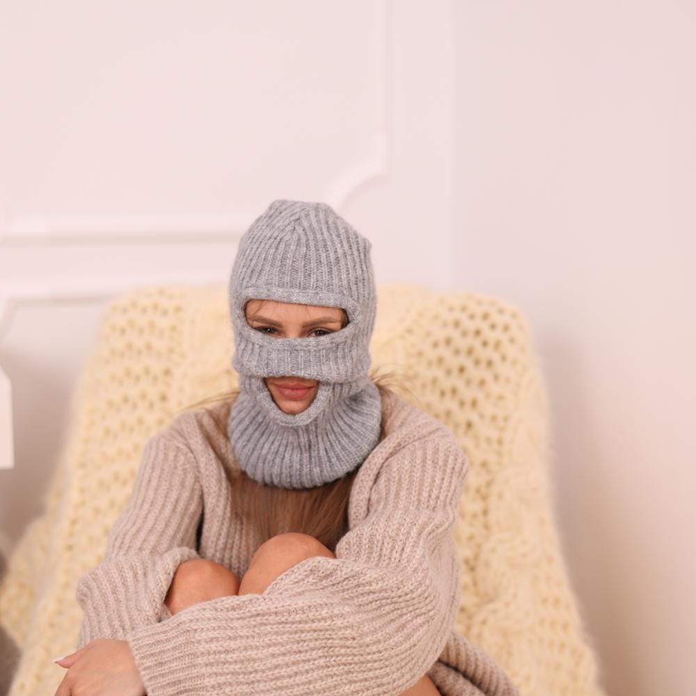 Alpaca Merino Balaclava – Hand Knitted Grey Ribbed Ski Mask T1962