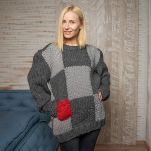 Suéter de lana con estampado de cuadros, tejido a mano, 100 % lana suave, T1108