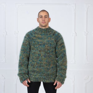 Mega Thick Soft Mohair Sweater Knitted in 6 strands, Chunky Green Melange Jumper T980M