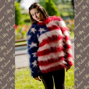 American Flag Sweater, Fluffy Mohair Sweater, Mohair Pullover, Hand Knit Sweater, Crewneck Sweater, Soft WInter Sweater, Chunky Sweater T110