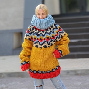 Suéter de lana nórdica súper grueso con cuello alto de 60 cm, tejido a mano de 5 hilos T1498