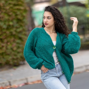 Very Soft Green Cardigan knitted in High Quality Alpaca yarn , Hand knitted JacketT1505