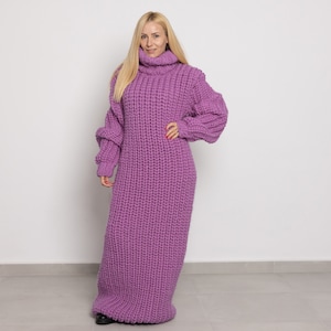 English Ribbed Pink wool Dress,Hand Knit Sweater Dress, Turtleneck Maxi Dress TT1520 image 1