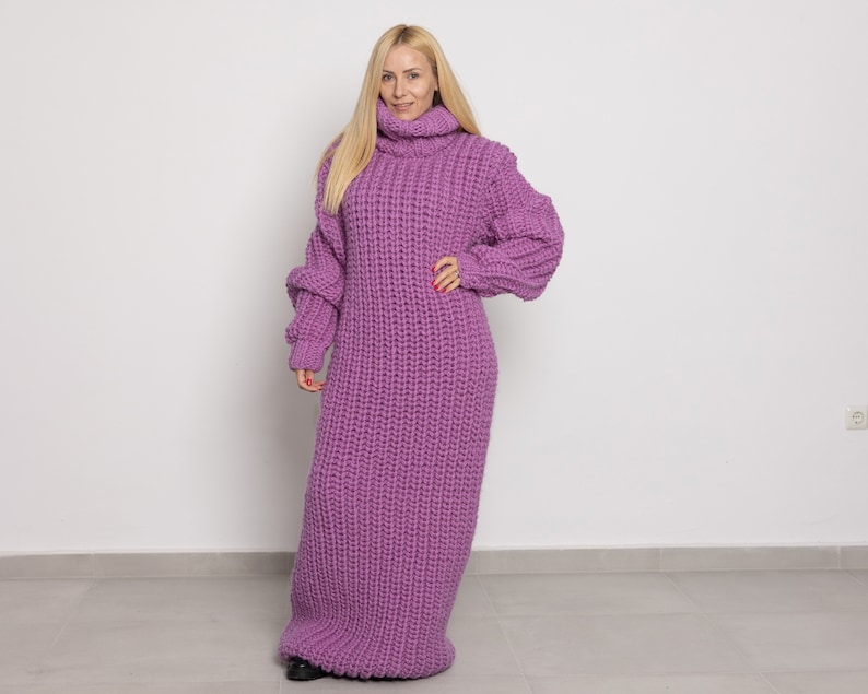 English Ribbed Pink wool Dress,Hand Knit Sweater Dress, Turtleneck Maxi Dress TT1520 image 1