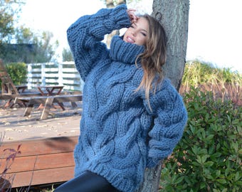 5-Strand Thick Wool Sweater – Hand-Knitted Denim Blue Chunky Cable Pullover T660W