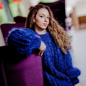 Blue Mohair Sweater , Hand Knit Sweater , Crewneck Jumper , Mohair Fetish , Oversized Sweater , Chunky Fluffy Sweater , Knitted Sweater T56