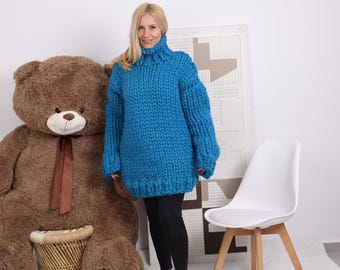 Blue Chunky Merino Wool Sweater, Hand Knitted Oversized Cozy