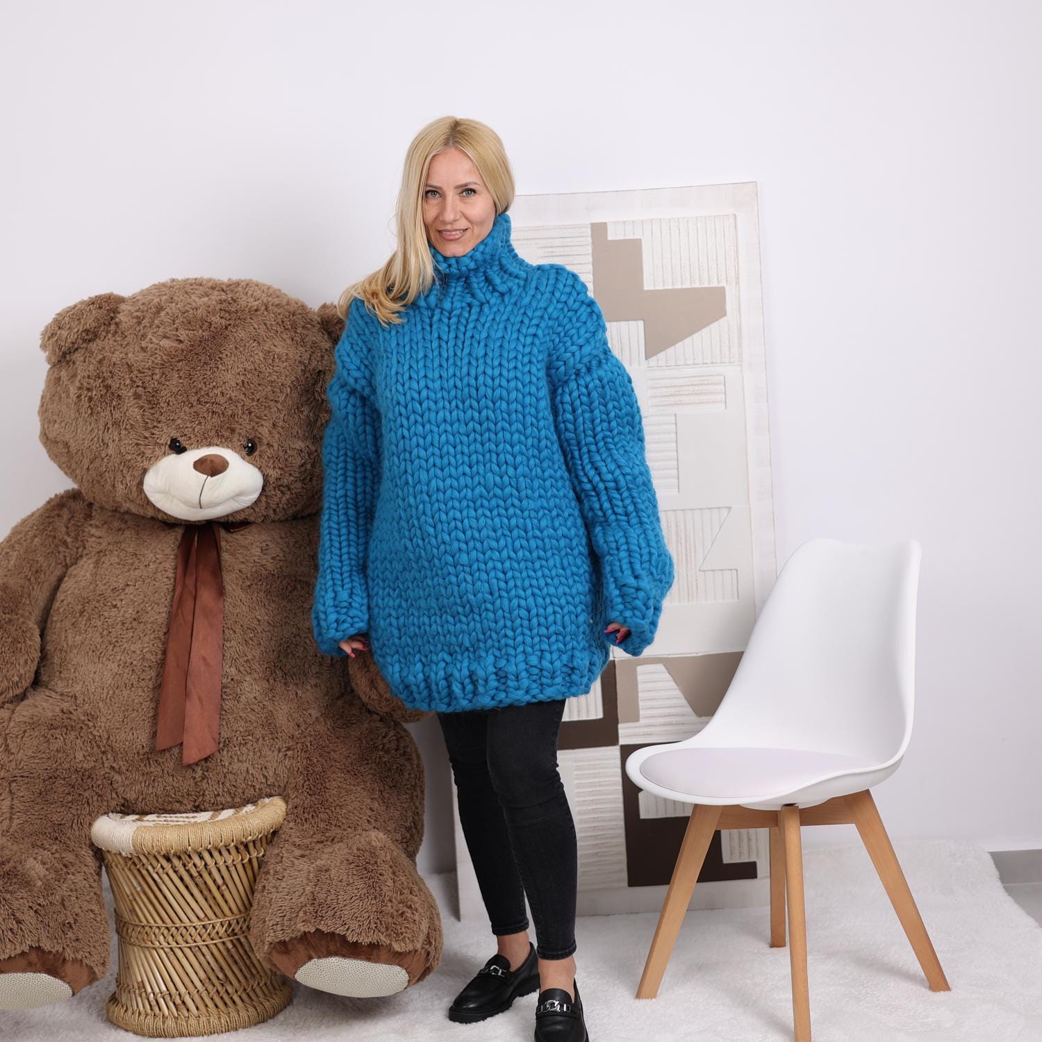 Blue Chunky Merino Wool Sweater, Hand Knitted Oversized Cozy