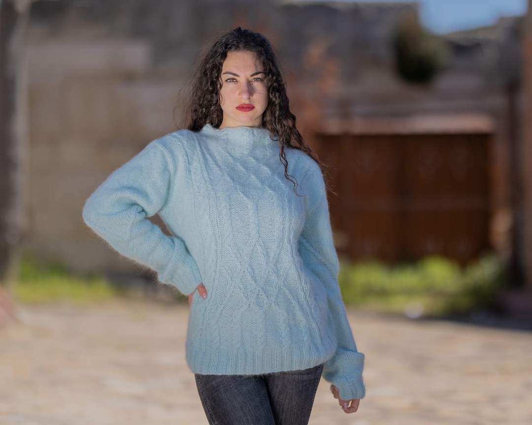 Baby Blue Angora Sweater, Hand Knitted 100% Rabbit Fluffy Pullover