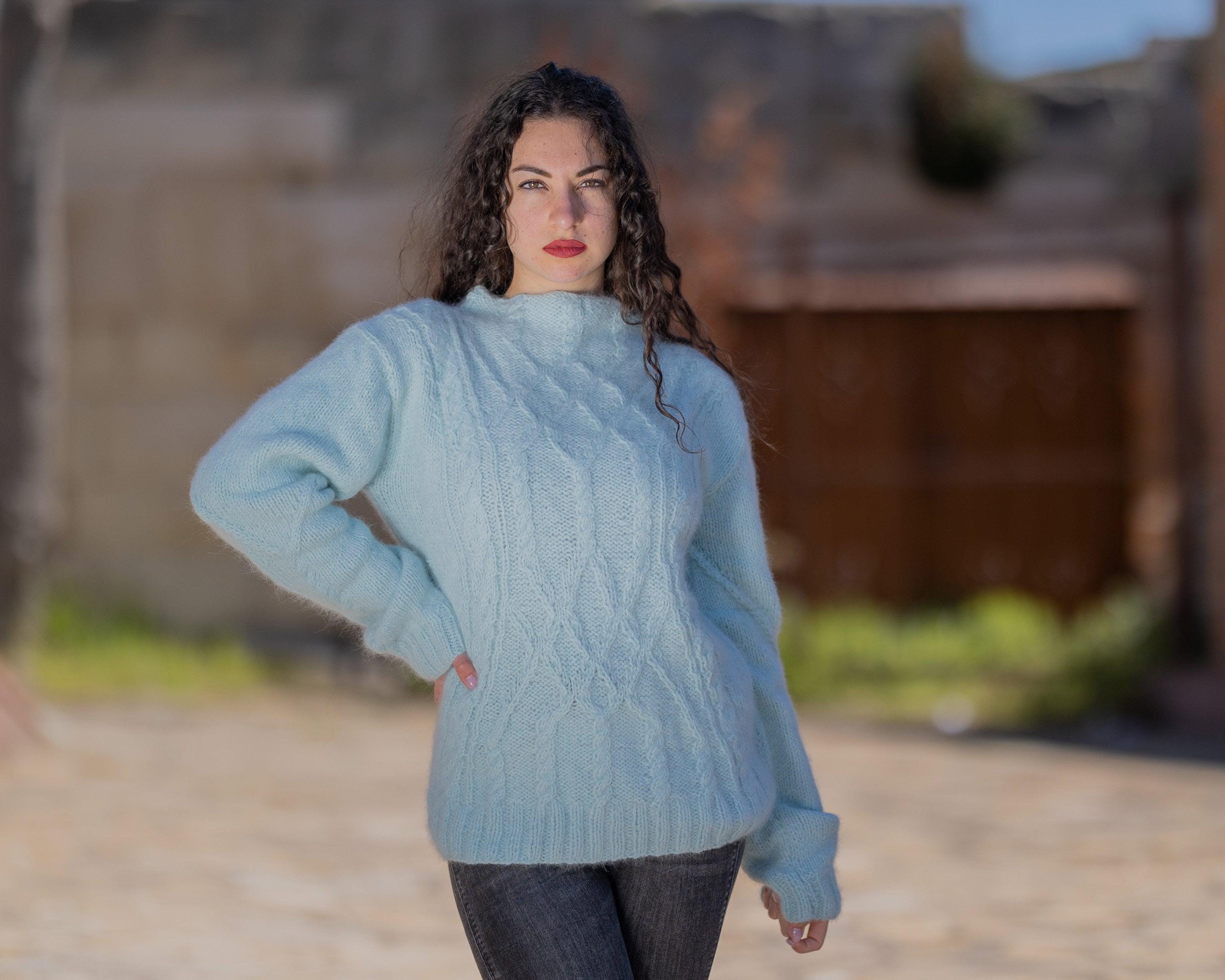 Baby Blue Angora Sweater, Hand Knitted 100% Rabbit Fluffy Pullover