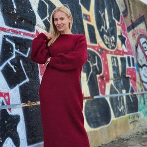 Red Mohair Sweater Dress, Hand Knitted Hairy Maxi Dress with Big Stitches T913