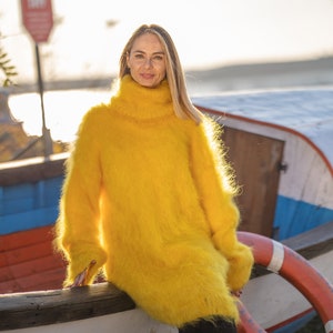 Fluffy Yellow Mohair Turtleneck sweater, Soft sensual winter jumper with T neck T1294